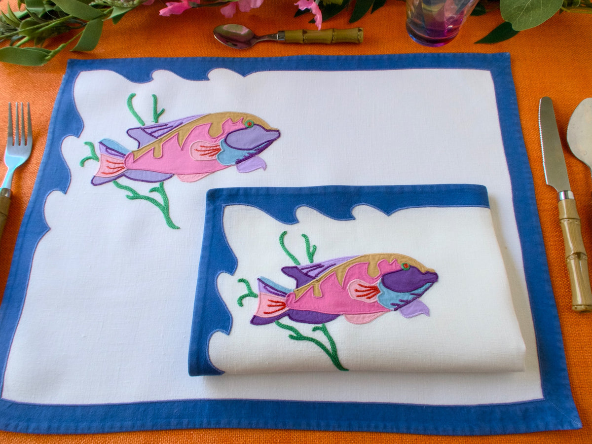 Pink Tropical Fish Vintage D Porthault 12pc Placemat Set for 6