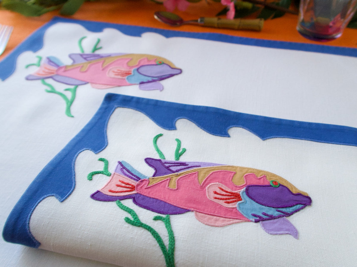 Pink Tropical Fish Vintage D Porthault 12pc Placemat Set for 6
