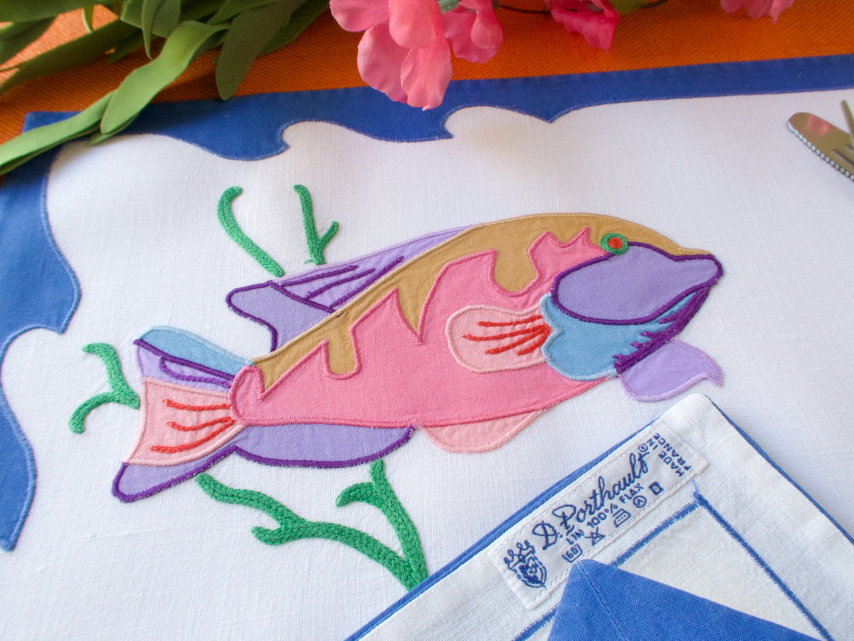 Pink Tropical Fish Vintage D Porthault 12pc Placemat Set for 6