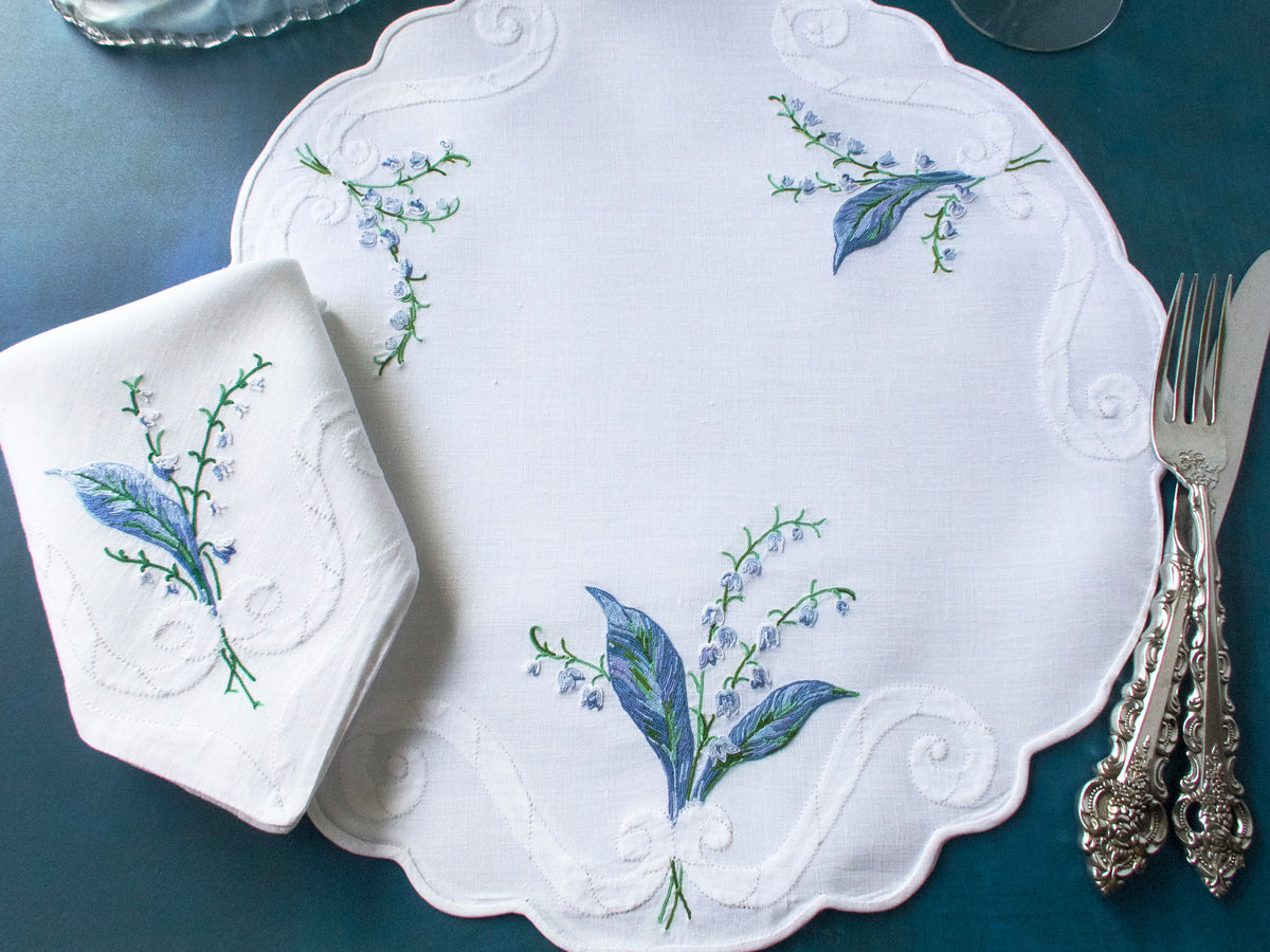 Lily of the Valley Vintage D Porthault Beauvais Embroidery 20pc Placemat Set for 10