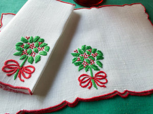 Christmas Holly Bouquet Madeira Linen Cocktail Napkins, Set of 8