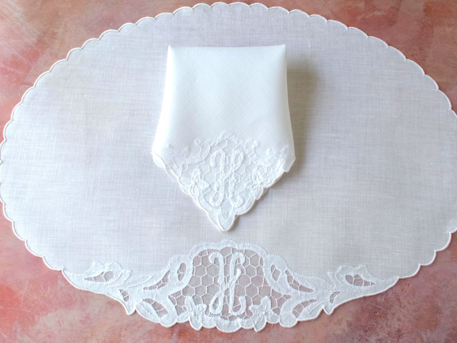 H Monogram Vintage Madeira 16pc Oval Placemat Set for 8