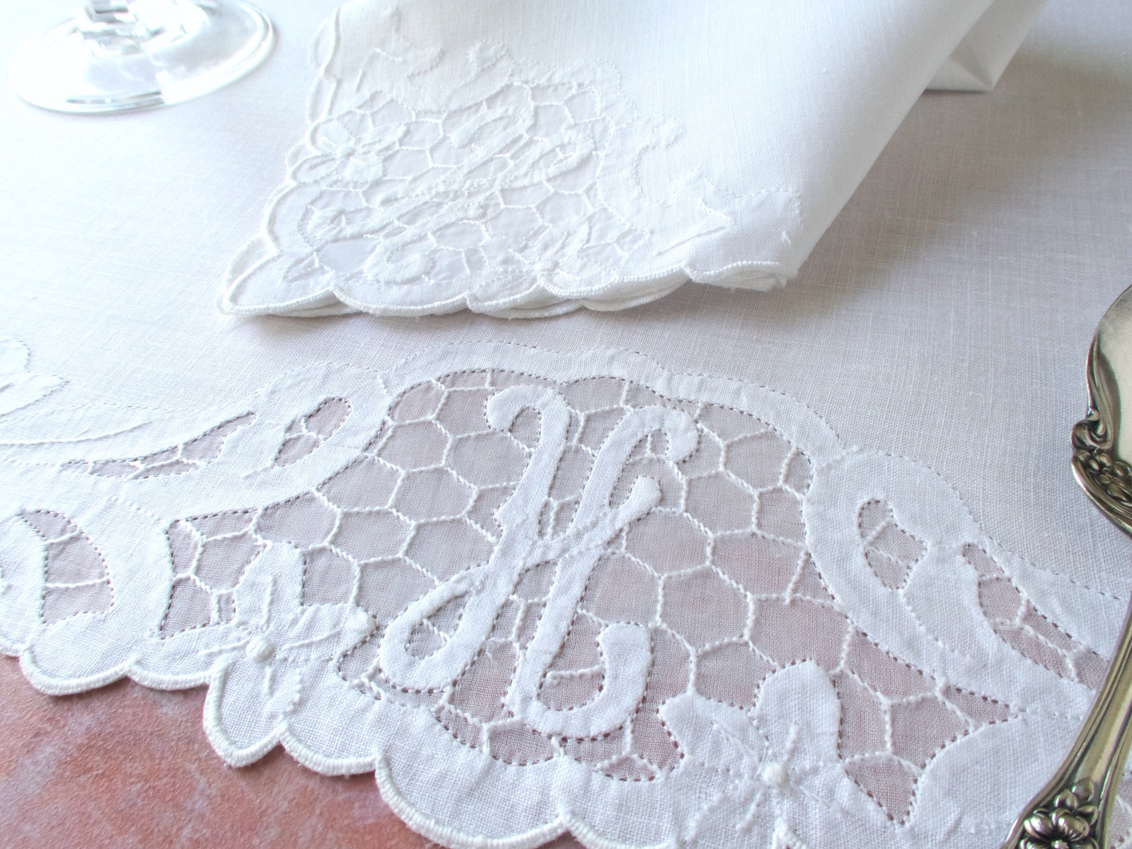 H Monogram Vintage Madeira 16pc Oval Placemat Set for 8