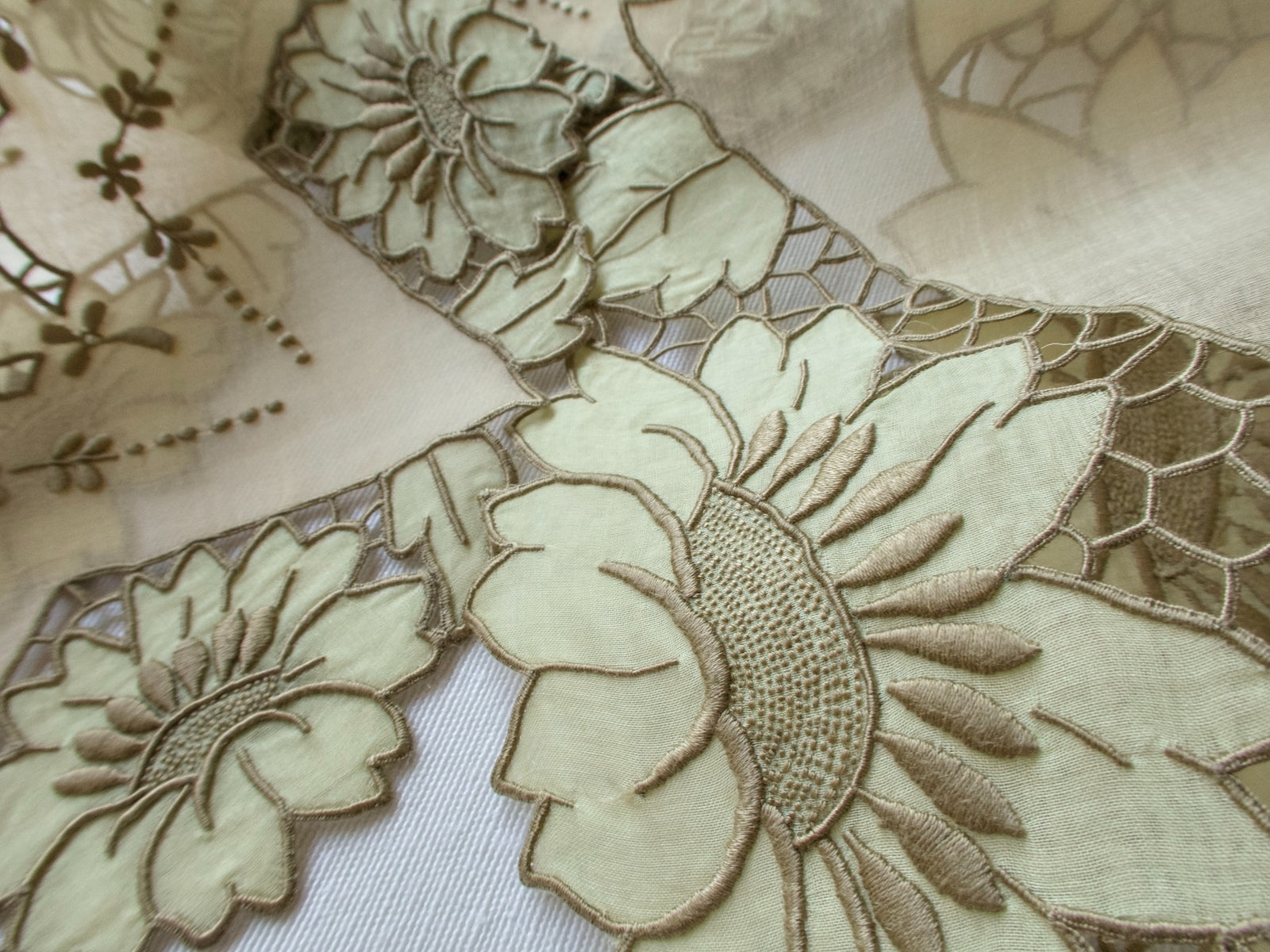 Close-up texture detail of vintage Madeira organdy placemat showing dimensional padded satin stitch and Richelieu cutwork