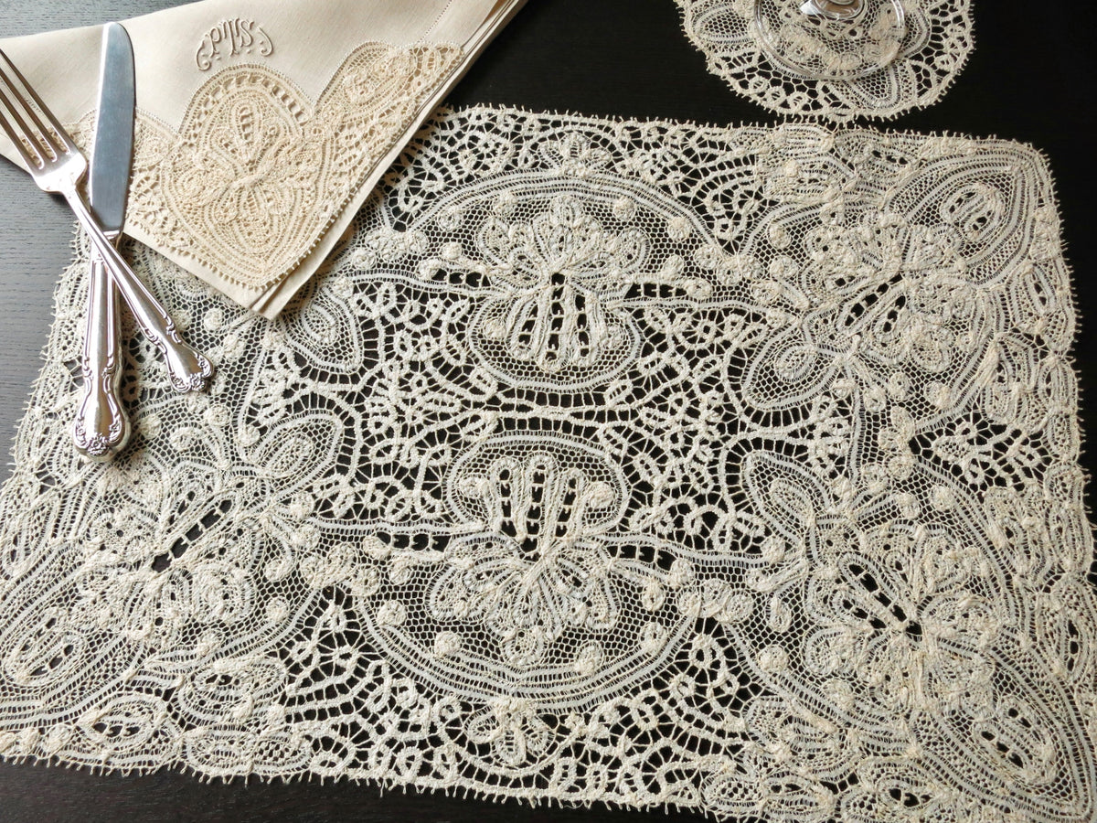 Vintage Belgian Lace &amp; Linen 24pc Placemat Set for 8