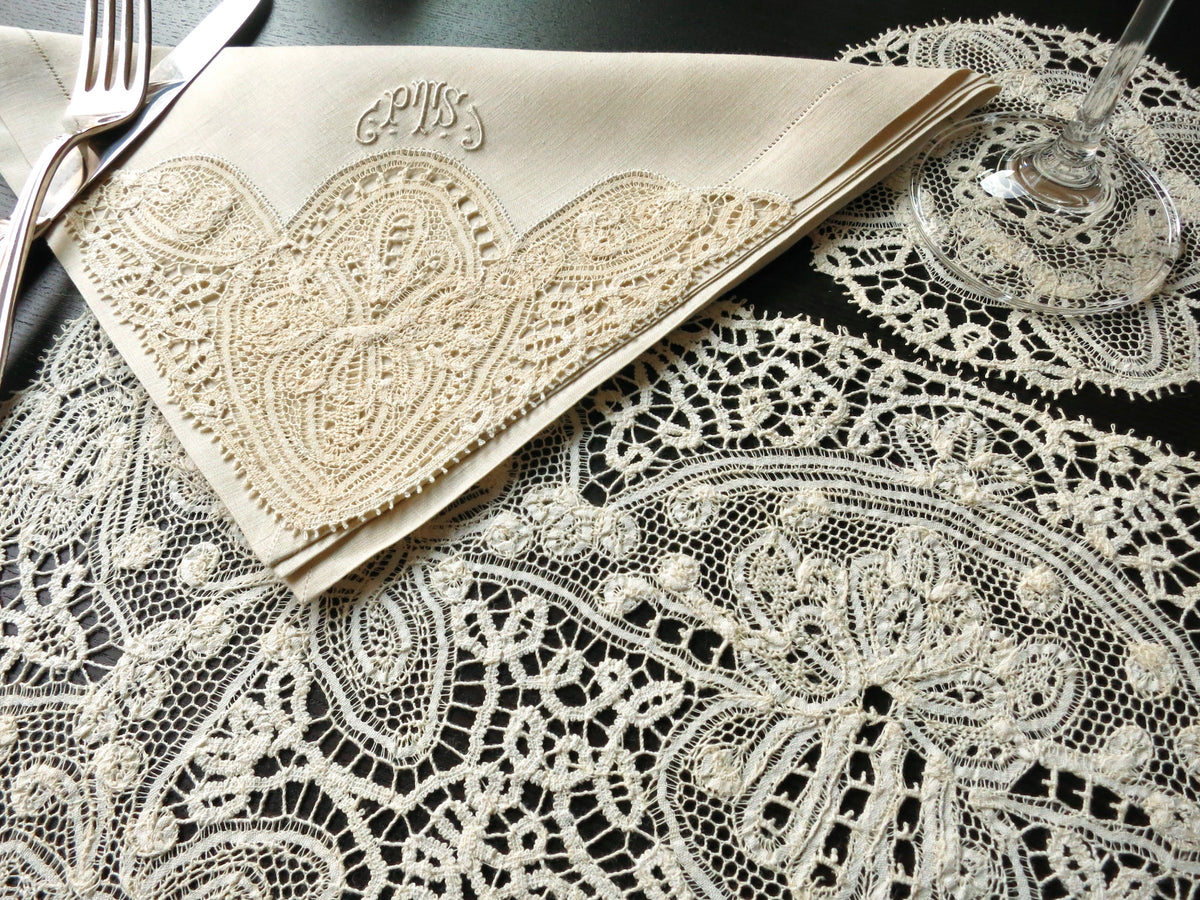 Vintage Belgian Lace &amp; Linen 24pc Placemat Set for 8