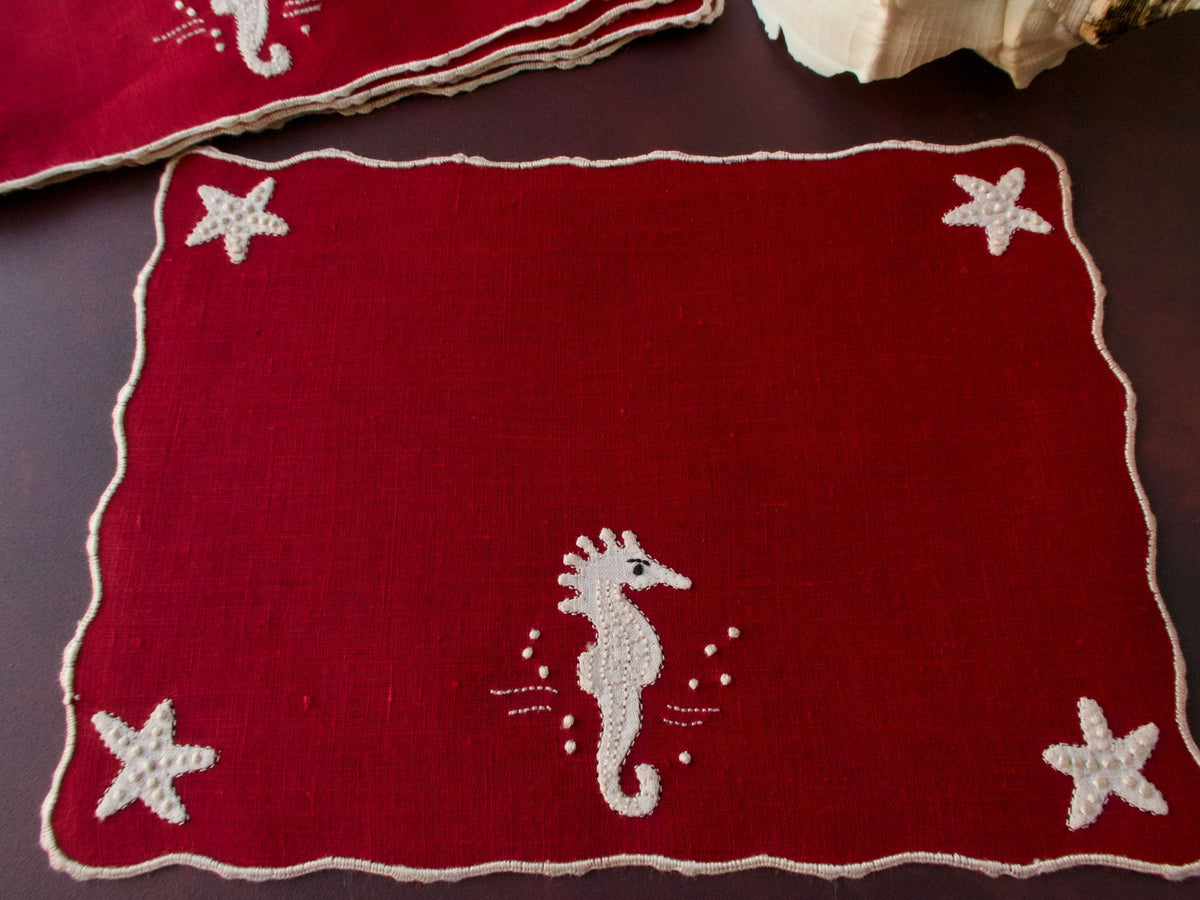 Sea Horses on Red Vintage Madeira Cocktail Napkins, Set of 6