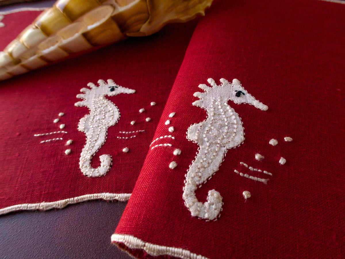 Sea Horses on Red Vintage Madeira Cocktail Napkins, Set of 6