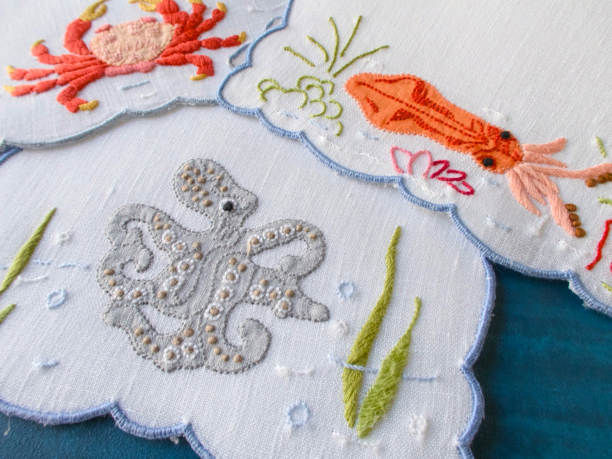 octopus embroidered on a linen cocktail napkin