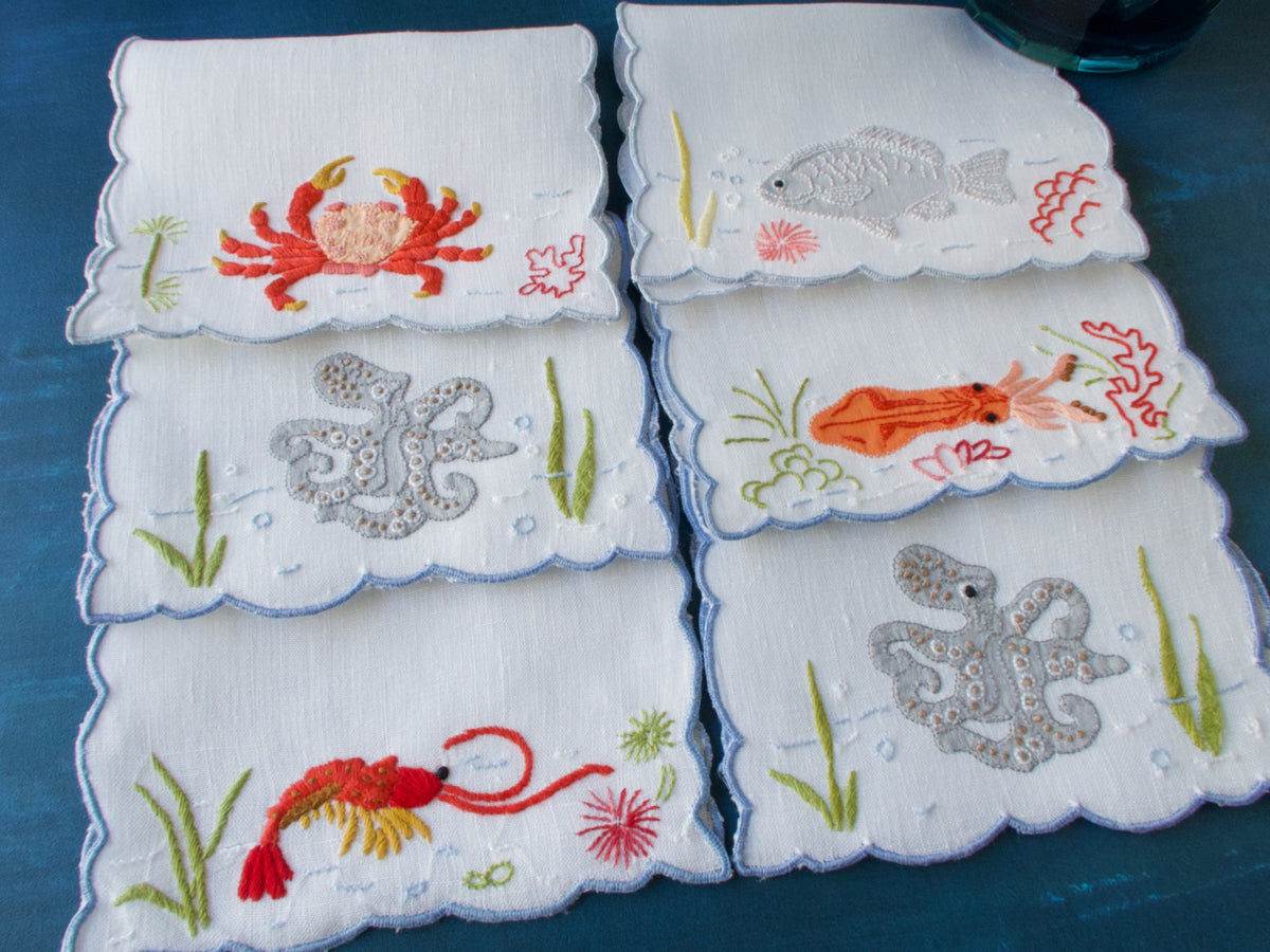 Sea Creatures Vintage Madeira Cocktail Napkins, Set of 6