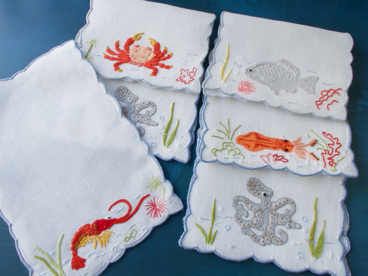 Sea Creatures Vintage Madeira Cocktail Napkins, Set of 6