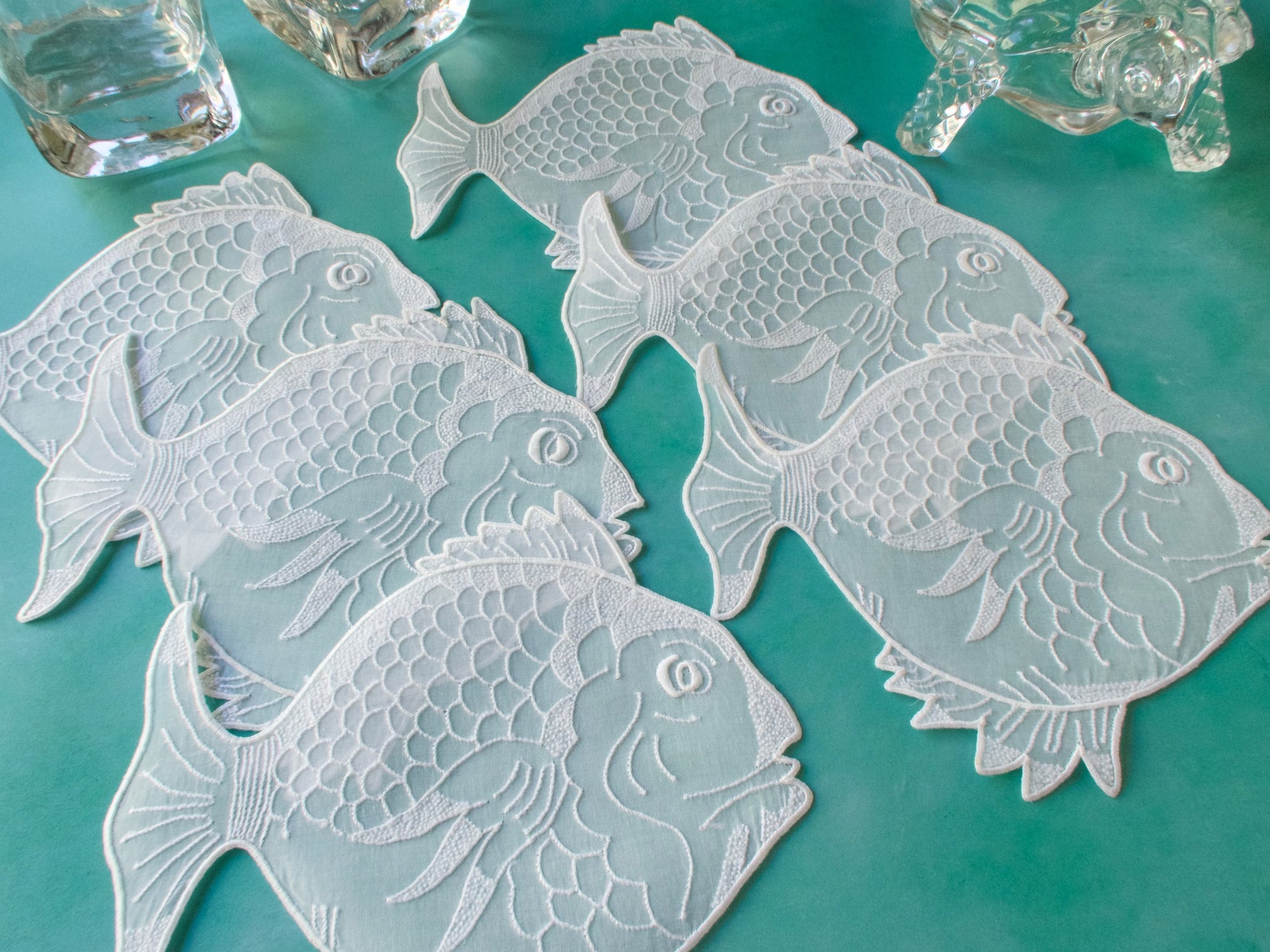 Fish Shaped Vintage Madeira Organdy Cocktail Napkins, Set of 6