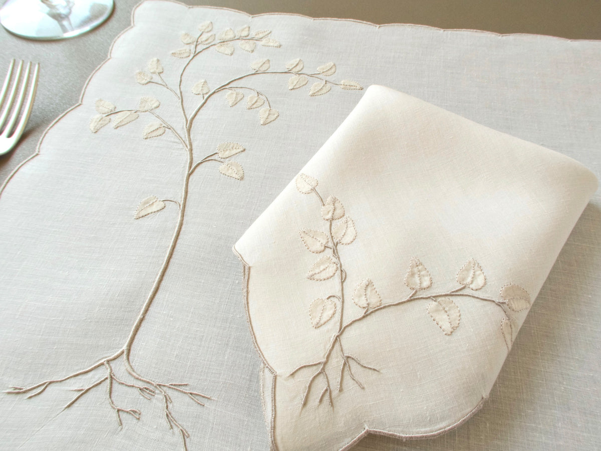 Vintage Madeira linen placemat and napkin with embroidered tree roots and appliquéd leaves