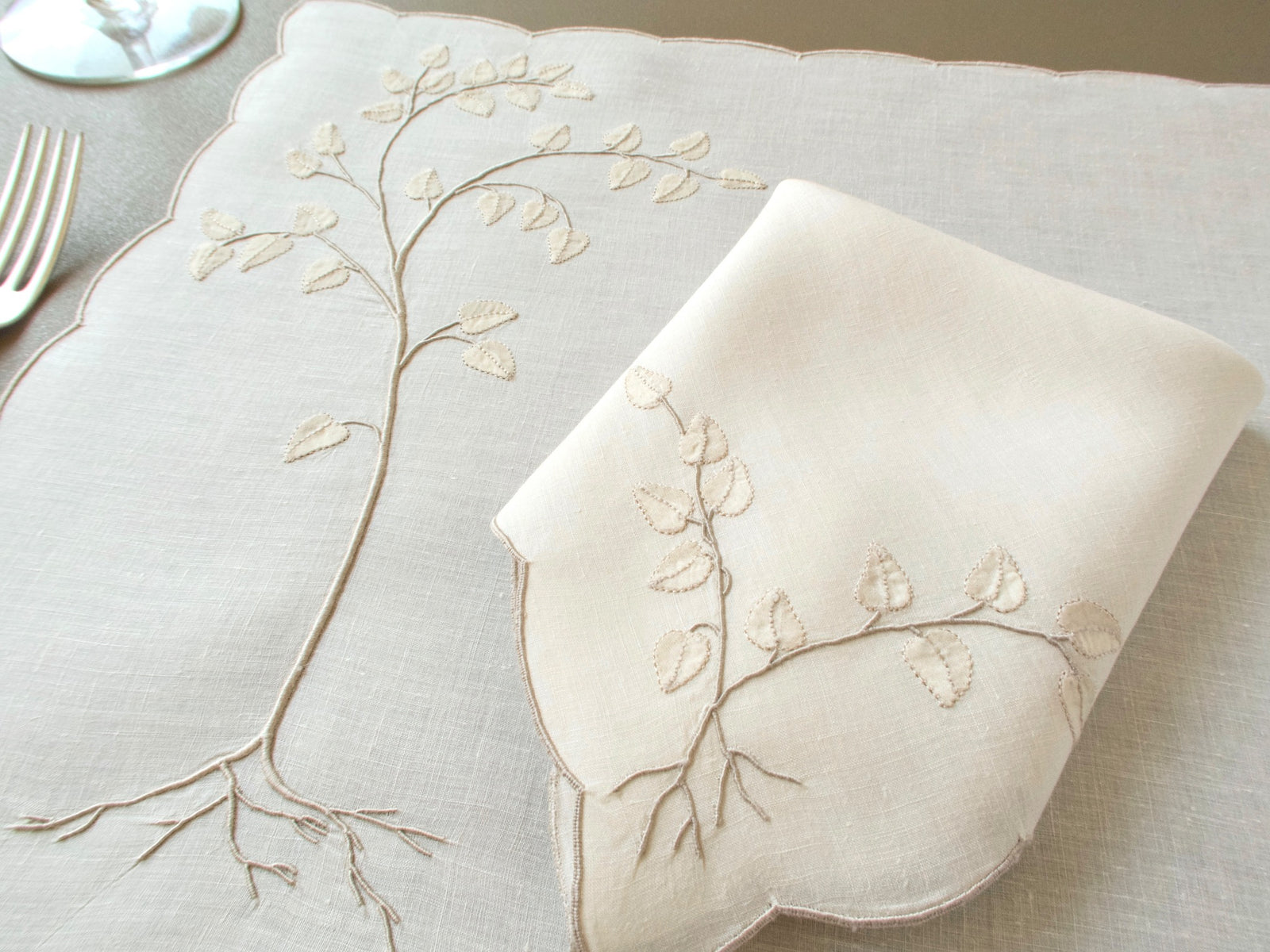 Vintage Madeira linen placemat and napkin with embroidered tree roots and appliquéd leaves
