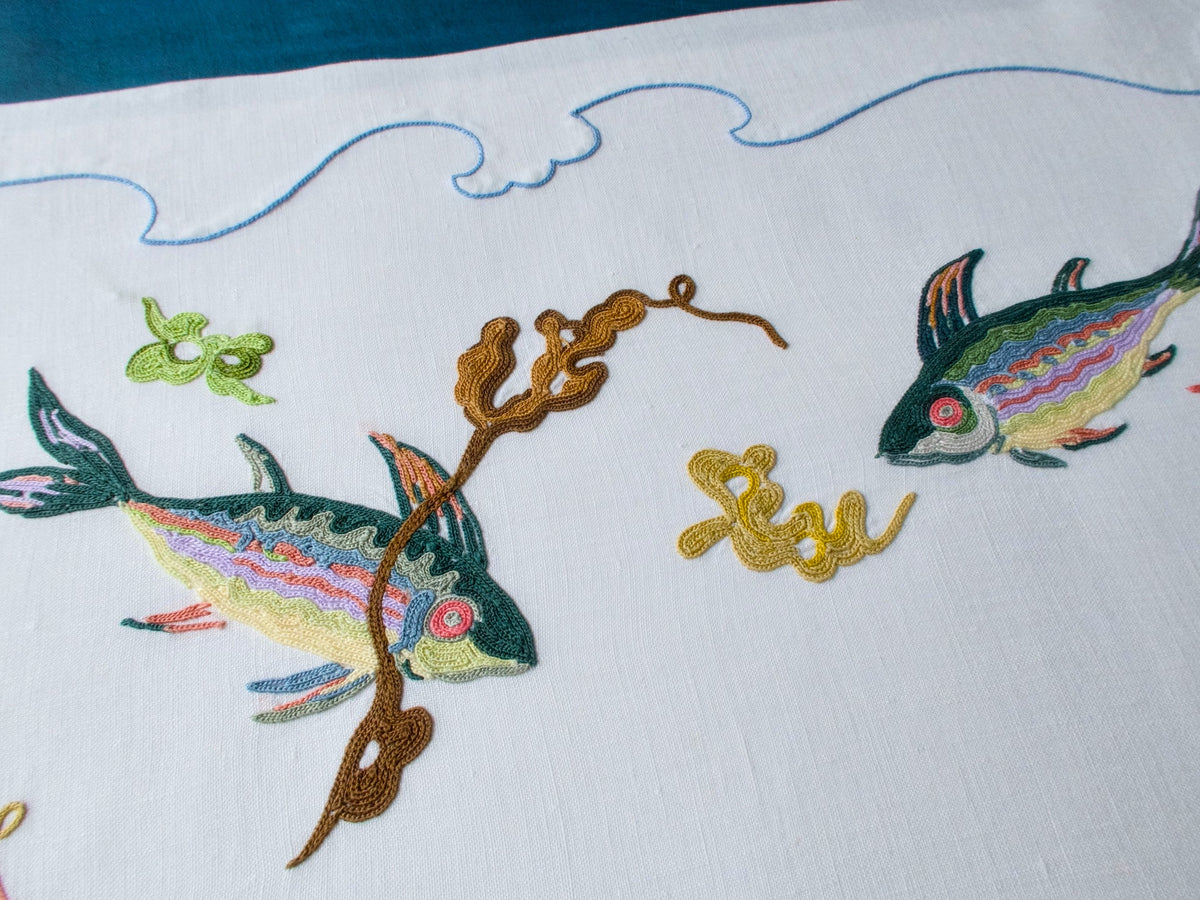 Colorful Fish Beauvais Embroidery French Tray Cover 16x21”
