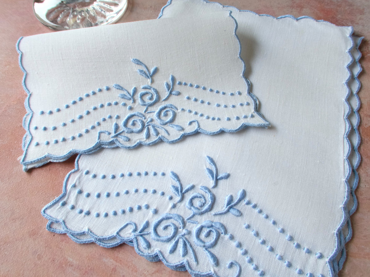 Stylized Blue Roses Vintage Madeira Cocktail Napkins, Set of 8