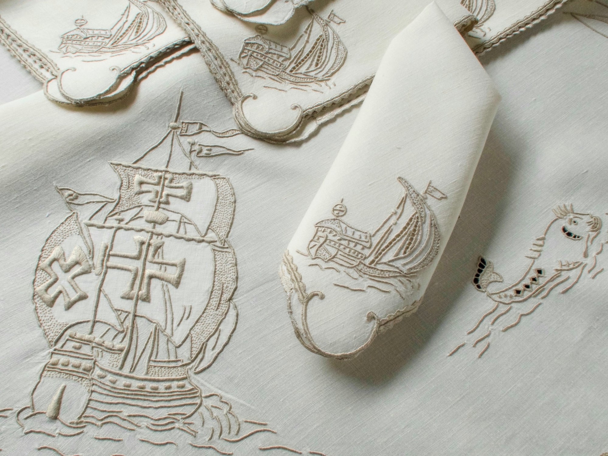old ship embroidered on linen