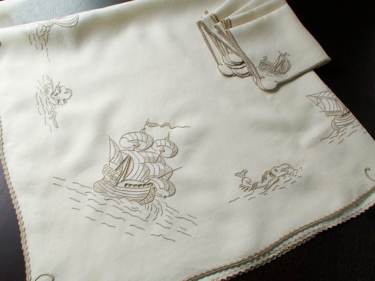 &quot;Old Ships&quot; Vintage Marghab Linen Tablecloth &amp; 6 Napkins