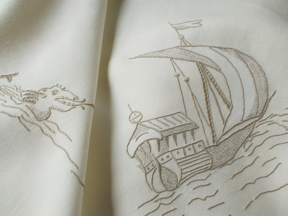 &quot;Old Ships&quot; Vintage Marghab Linen Tablecloth &amp; 6 Napkins