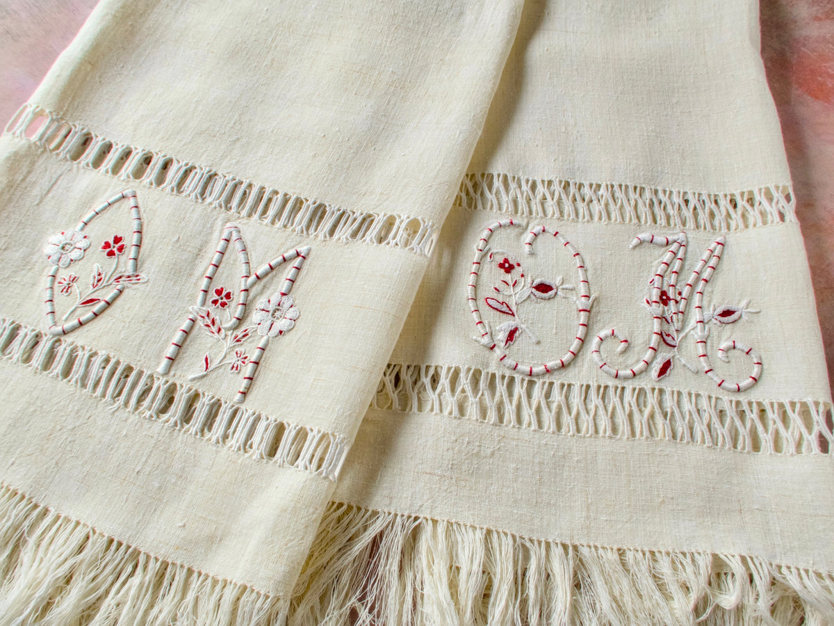 Playful French Monograms Vintage Linen Towels, 28 x 60 inches, Set of 2