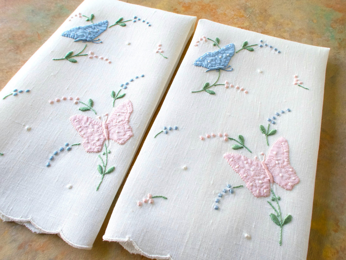 Butterflies Vintage Madeira Linen Guest Towels - Set of 2