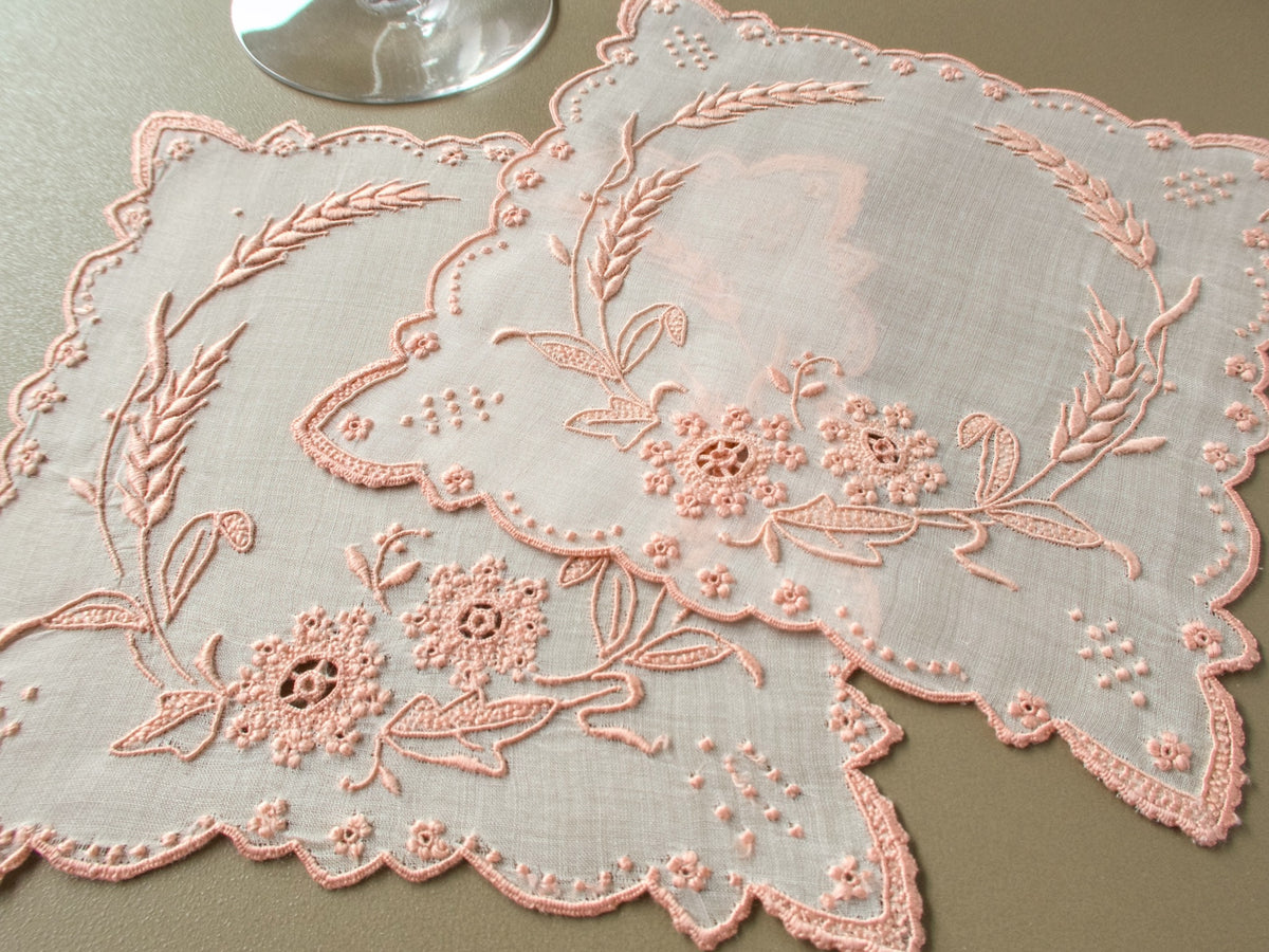 Pair of vintage Marghab “Wheat” pink organdy cocktail napkins with delicate hand embroidery and scalloped floral edges.