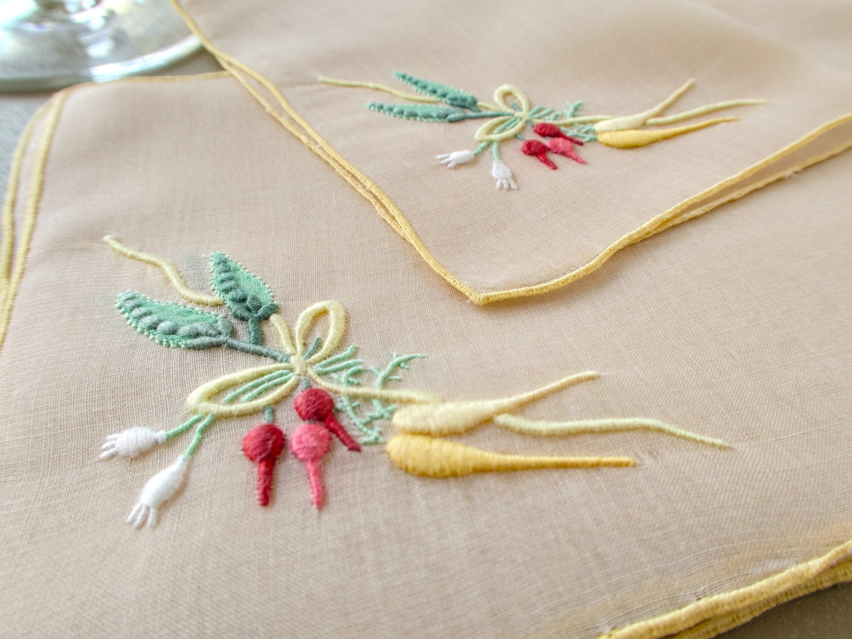 Vintage Marghab “Carrots &amp; Peas” organdy cocktail napkins with colorful hand embroidered vegetables and yellow scalloped edges.