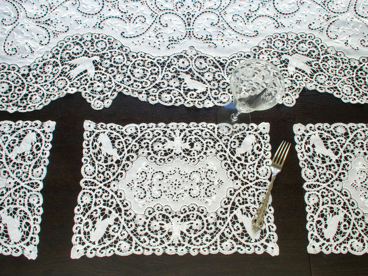 Rabbits, Birds &amp; Dogs Vintage Italian Cantu Lace 13pc Placemat Set for 12