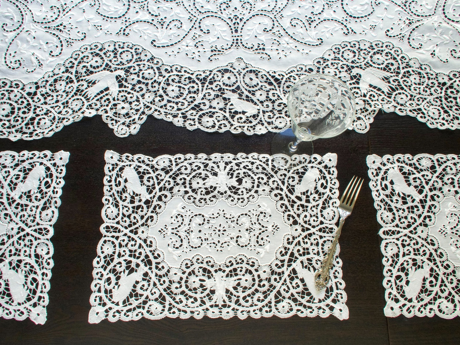 Rabbits, Birds & Dogs Vintage Italian Cantu Lace 13pc Placemat Set for 12