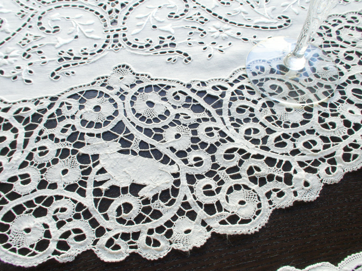 Rabbits, Birds &amp; Dogs Vintage Italian Cantu Lace 13pc Placemat Set for 12
