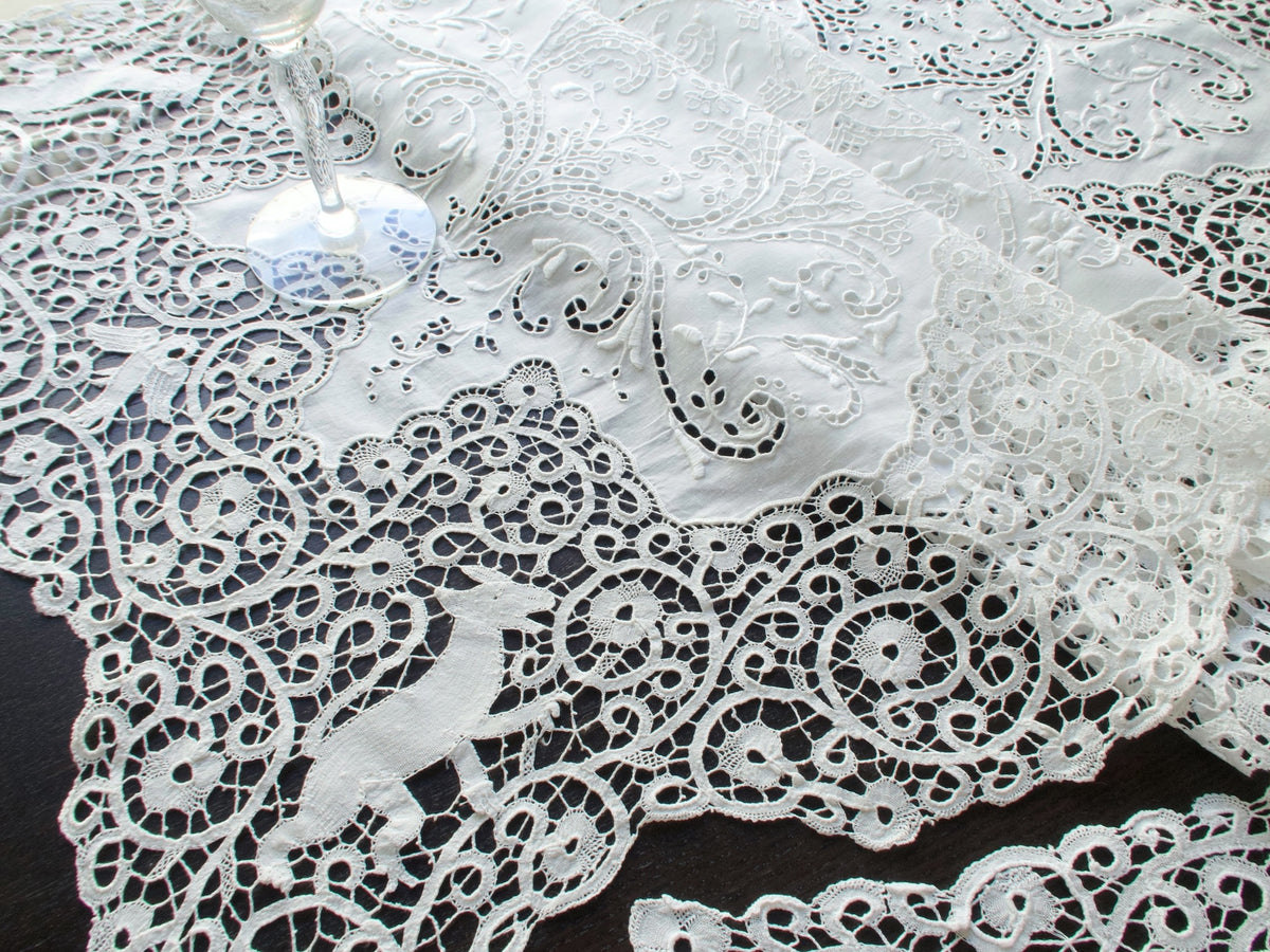 Rabbits, Birds &amp; Dogs Vintage Italian Cantu Lace 13pc Placemat Set for 12