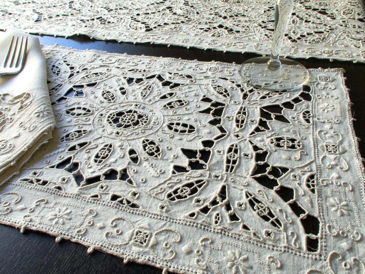 Ornate vintage Italian embroidered linen &amp; lace placemat set