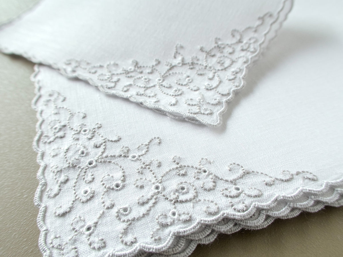 Close up view of Marghab “Thousand Eye” cocktail napkins showing fine Madeira embroidery and detailed scalloped linen edges.
