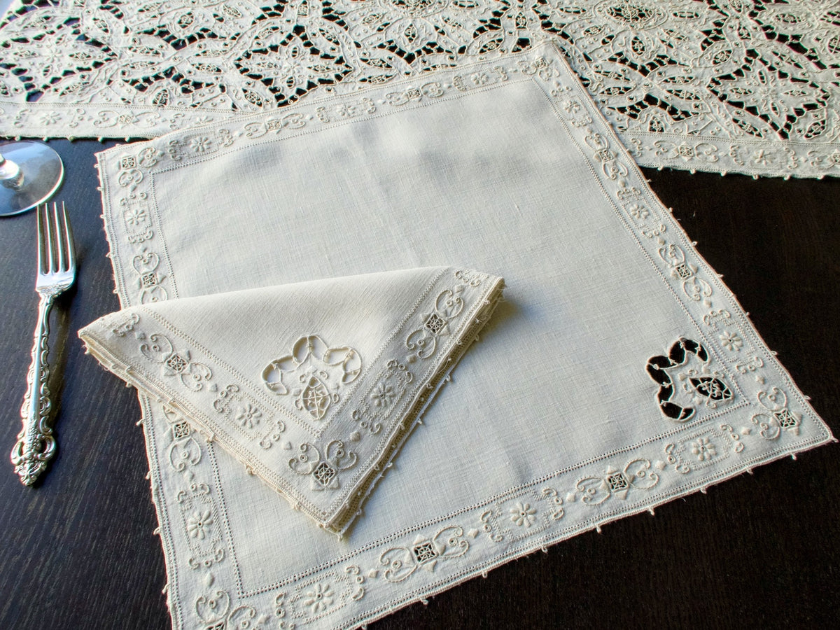 Ornate vintage Italian embroidered linen &amp; lace napkins