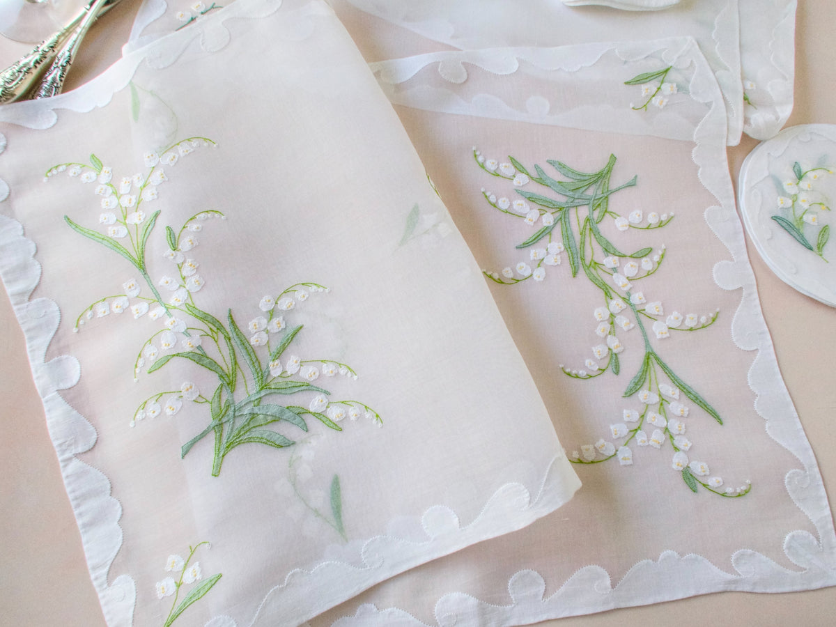 Full view of vintage Madeira Lily of the Valley organdy table runner with shadow work embroidery and repliqué edges.