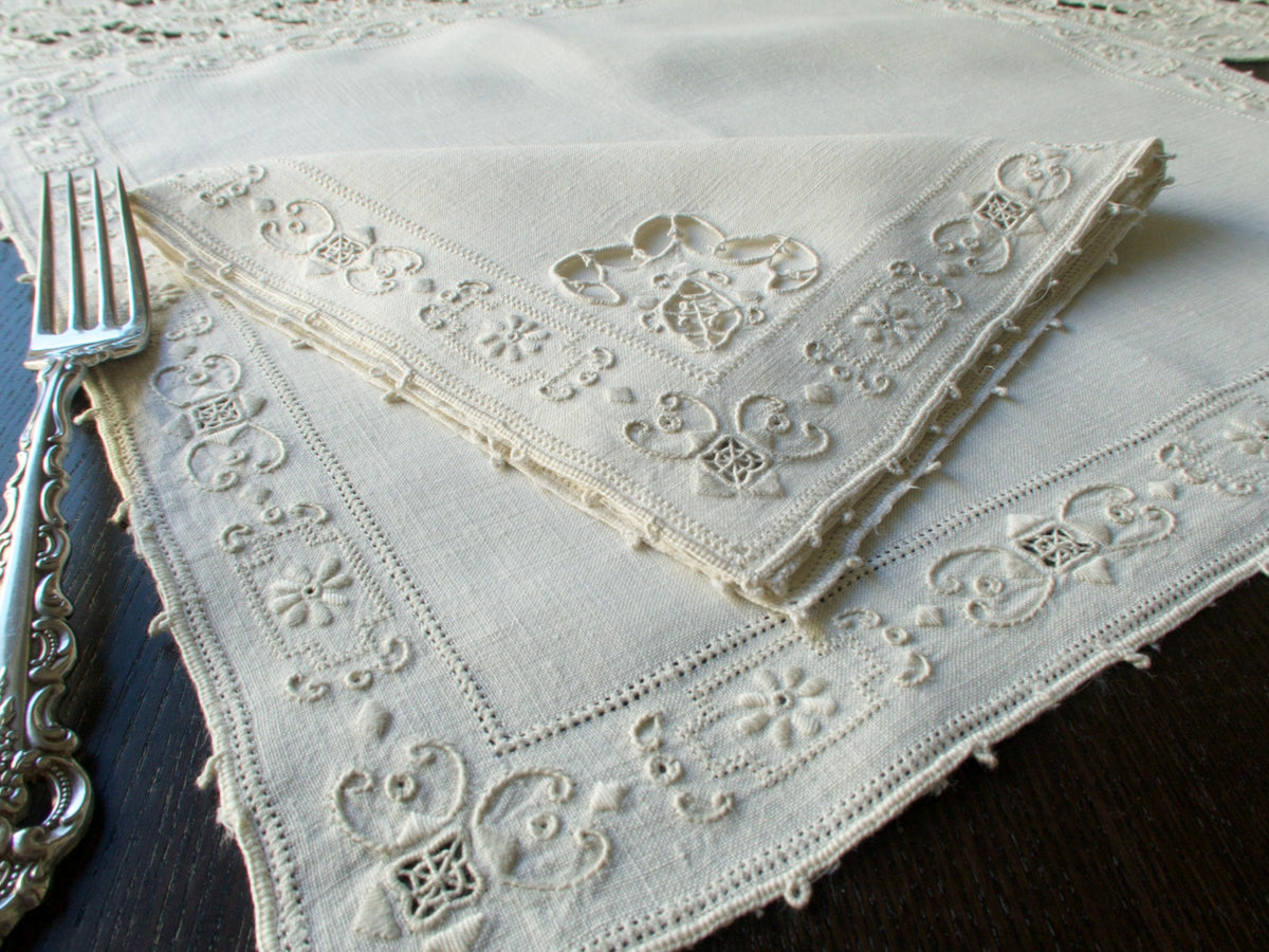 Ornate vintage Italian embroidered linen &amp; lace napkins