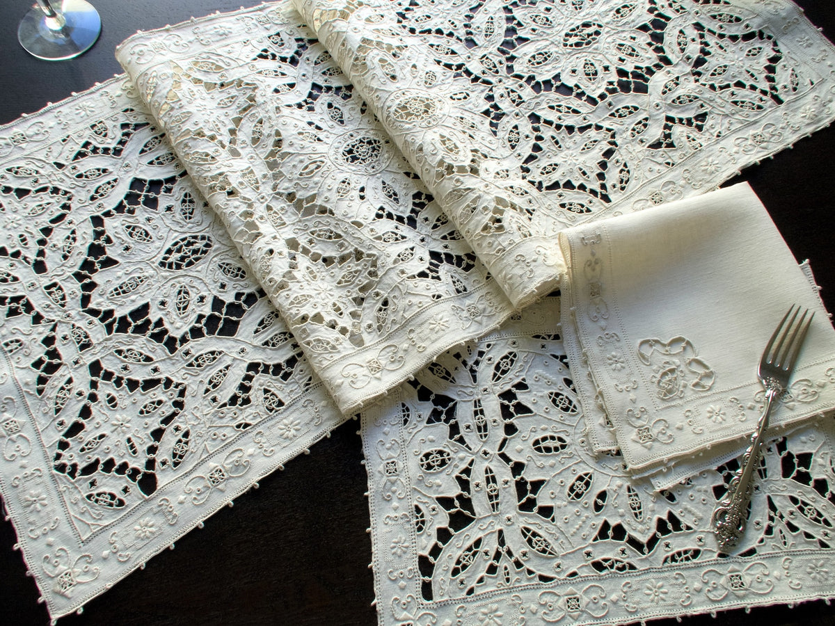 Ornate vintage Italian embroidered linen &amp; lace placemat set