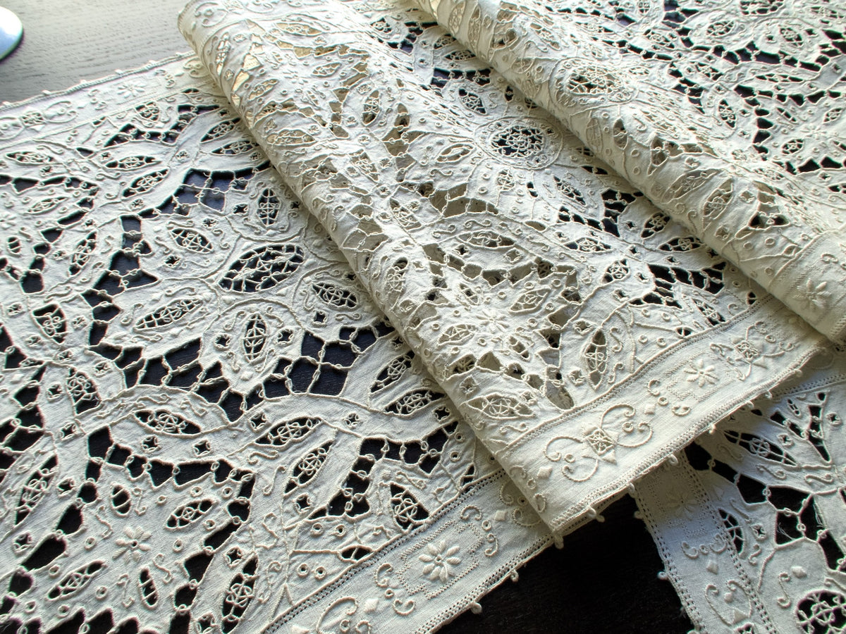 Ornate vintage Italian embroidered linen &amp; lace table runner