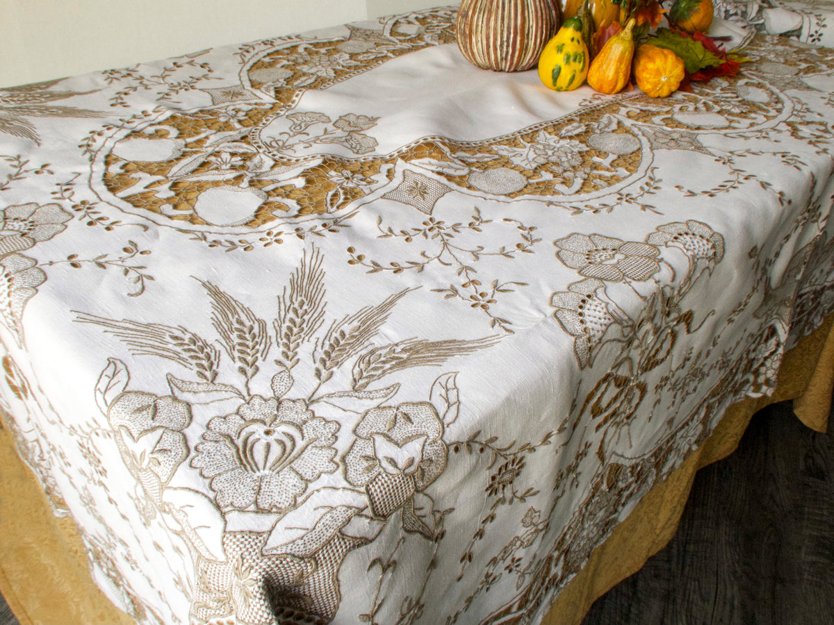 Fruit &amp; Wheat Antique Madeira Embroidery Linen Tablecloth 66x102&quot;