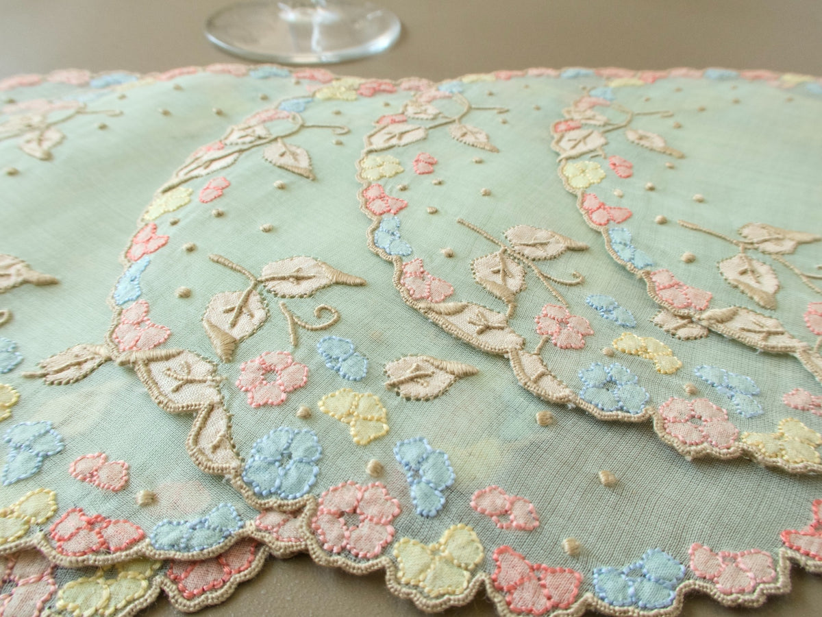 Close-up of vintage Madeira pale green organdy cocktail round showing multicolor flower border in pink blue and yellow with shadow work leaves and granito details.​​​​​​​​​​​​​​​​