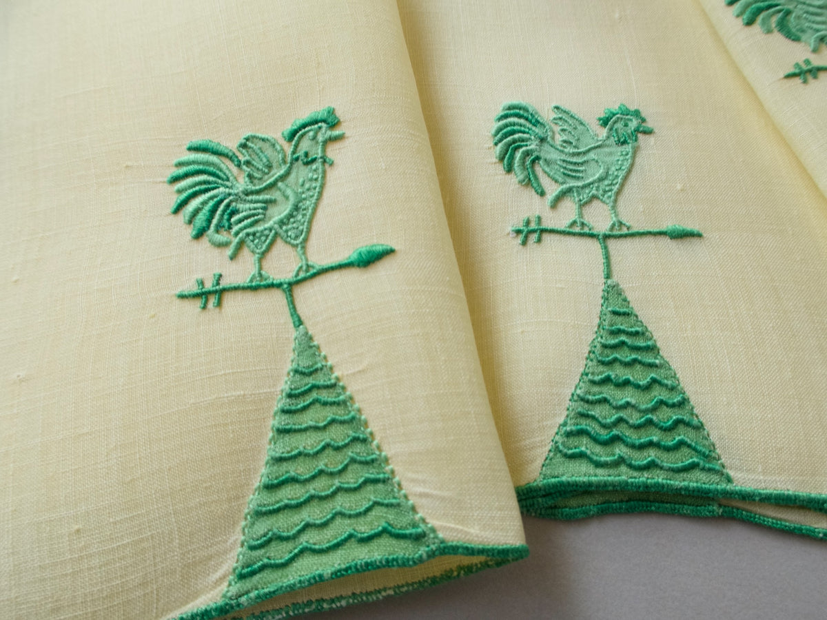 Vintage Marghab Weathervane cocktail napkins, green embroidery on light yellow linen with rooster motif, handmade in Madeira.