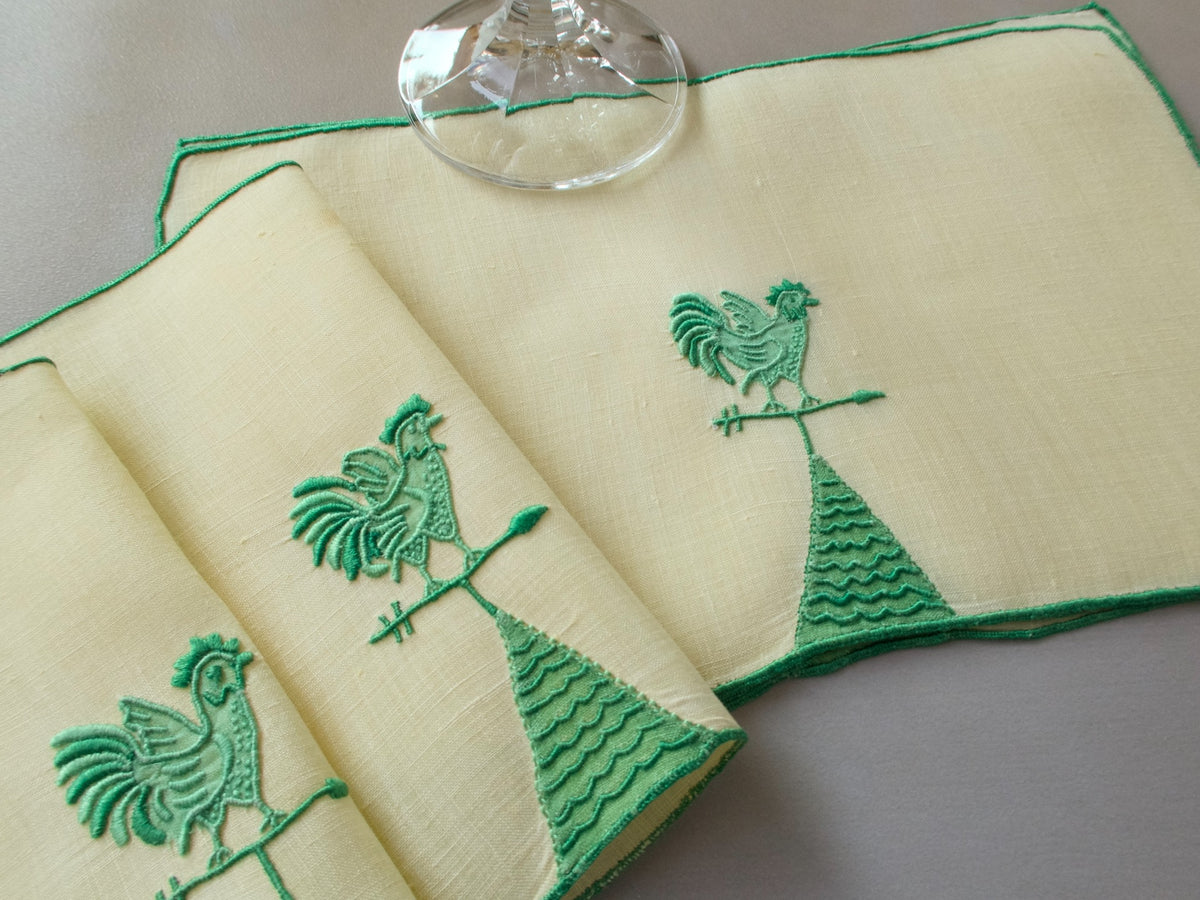 Vintage Marghab Weathervane cocktail napkins, green embroidery on light yellow linen with rooster motif, handmade in Madeira.