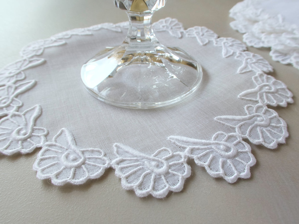 Vintage Marghab Shell pattern cocktail rounds, white hand embroidery on organdy with scalloped edges and fine Madeira detail.