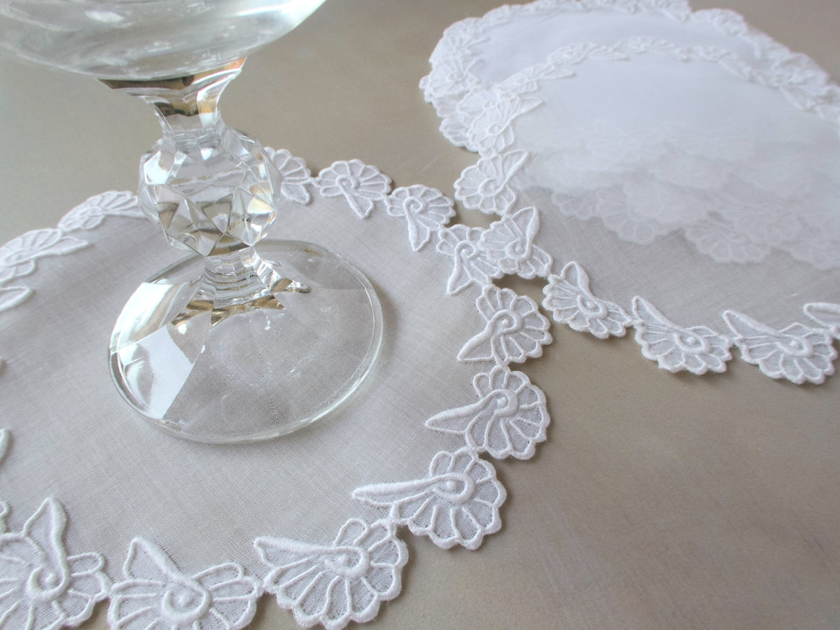 Vintage Marghab Shell pattern cocktail rounds, white hand embroidery on organdy with scalloped edges and fine Madeira detail.