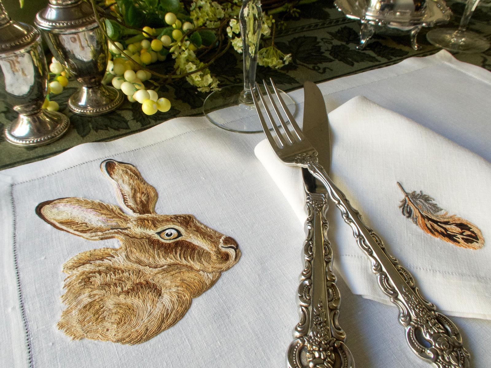 Game Birds Vintage French Embroidery 24 pc Placemat Set for 12