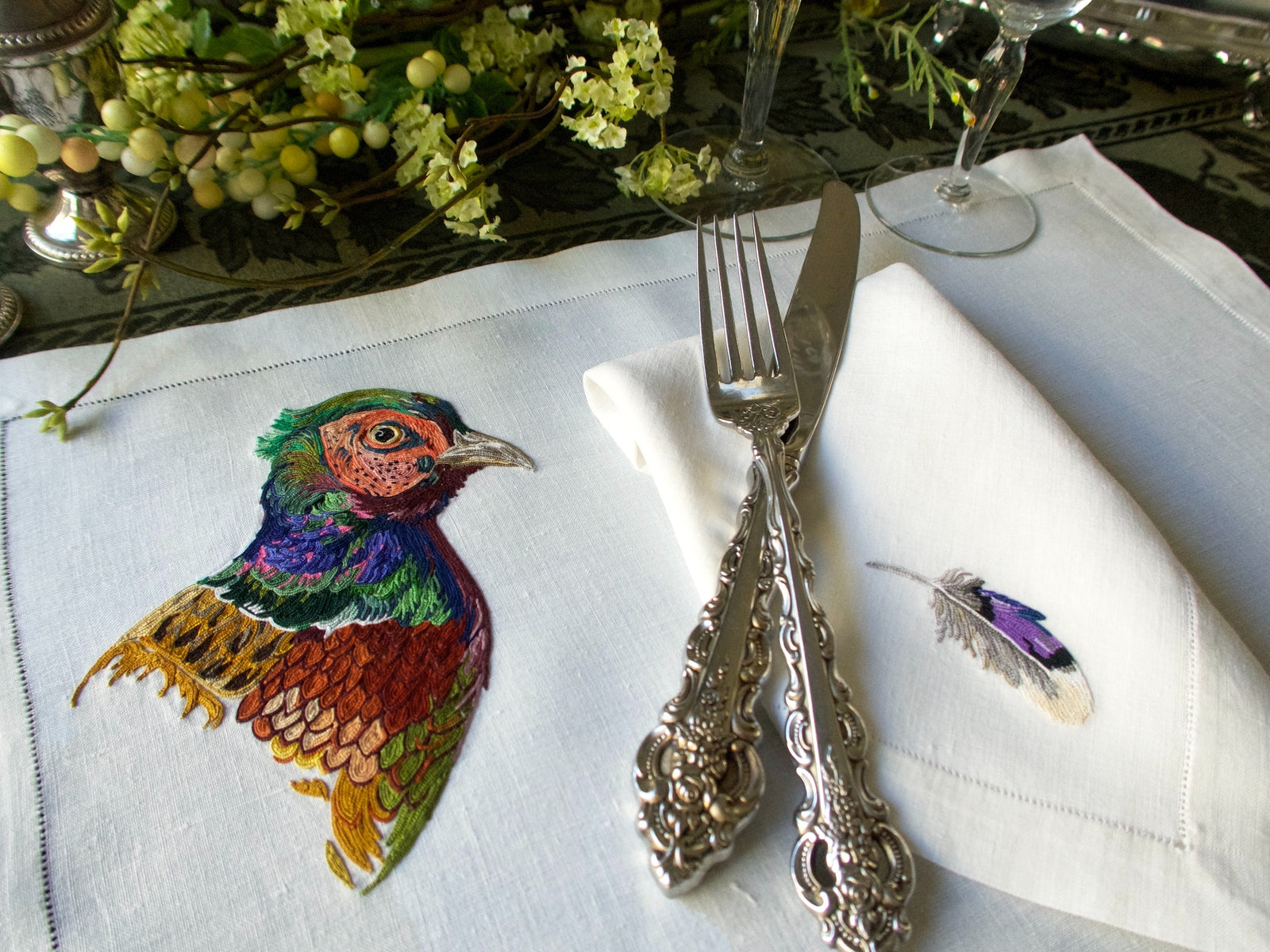 Game Birds Vintage French Embroidery 24 pc Placemat Set for 12