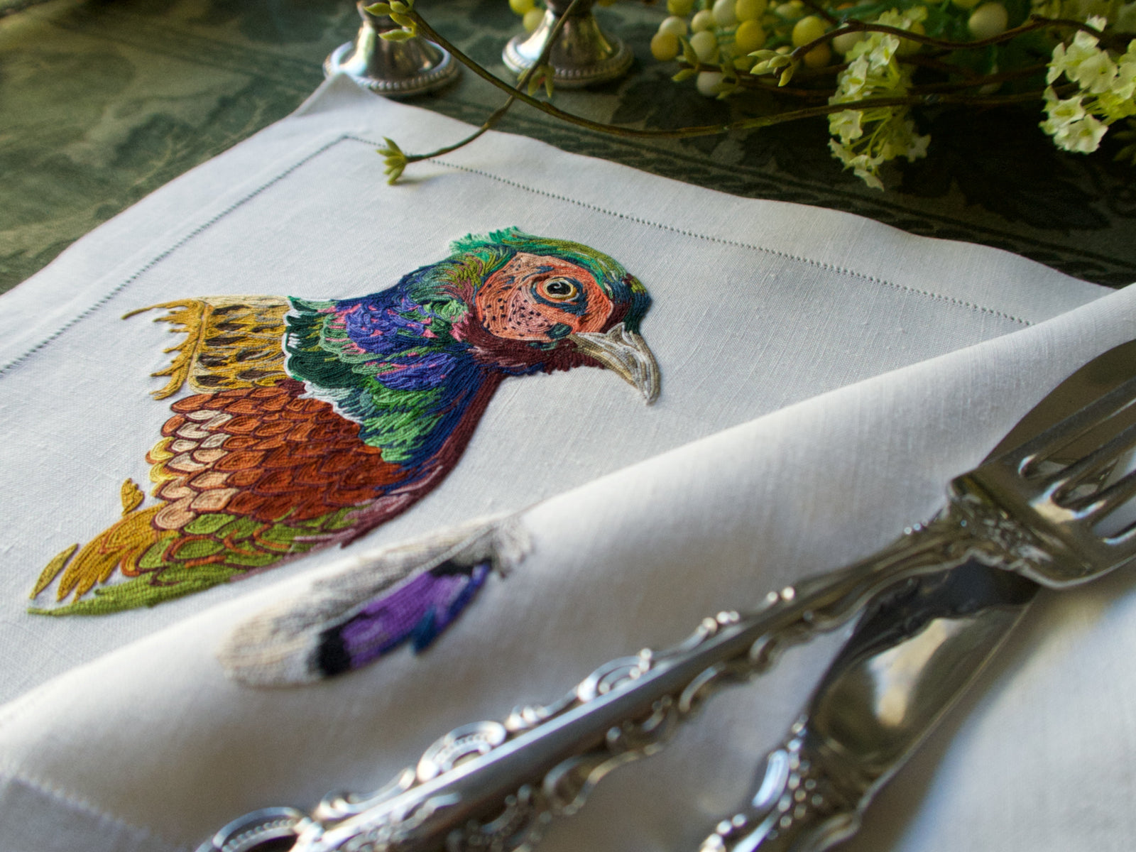 Game Birds Vintage French Embroidery 24 pc Placemat Set for 12