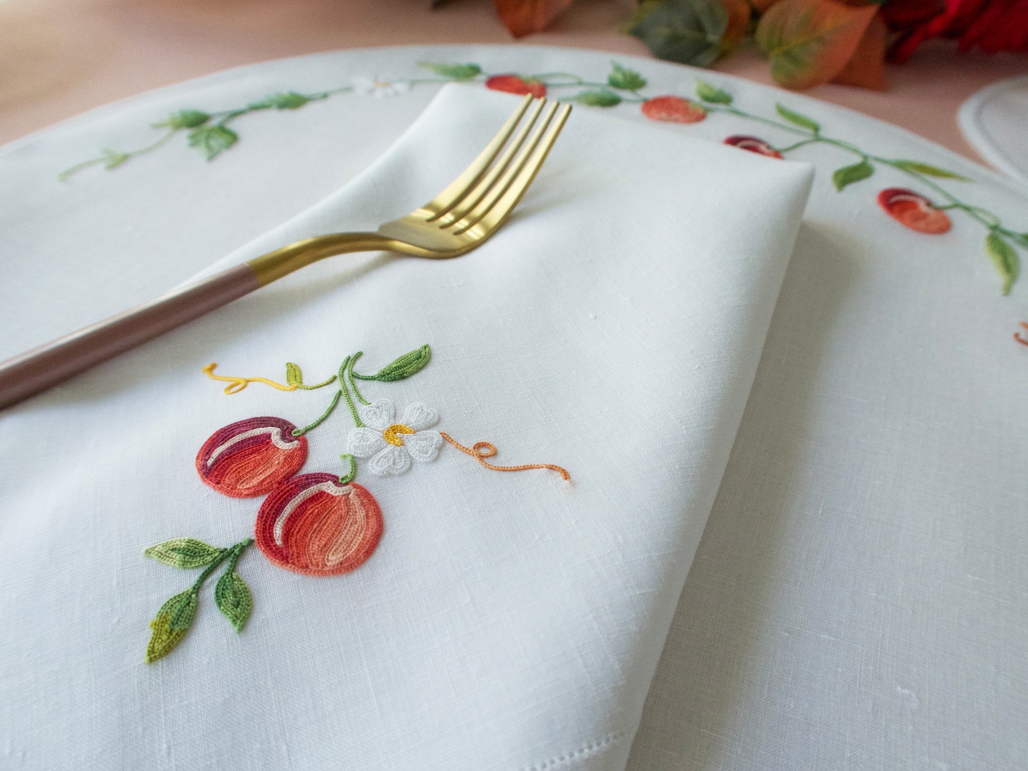 Strawberries Vintage French Embroidered Linen 36pc Placemat Set for 12