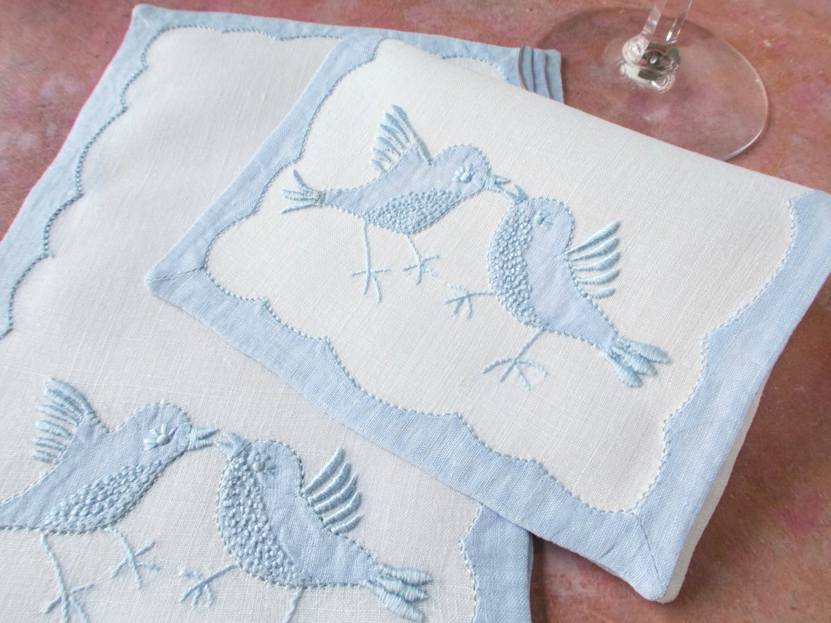 Vintage Madeira linen cocktail napkin with dimensional blue lovebird embroidery and repliqué border, with crystal stemware, set of 6​​​​​​​​​​​​​​​​