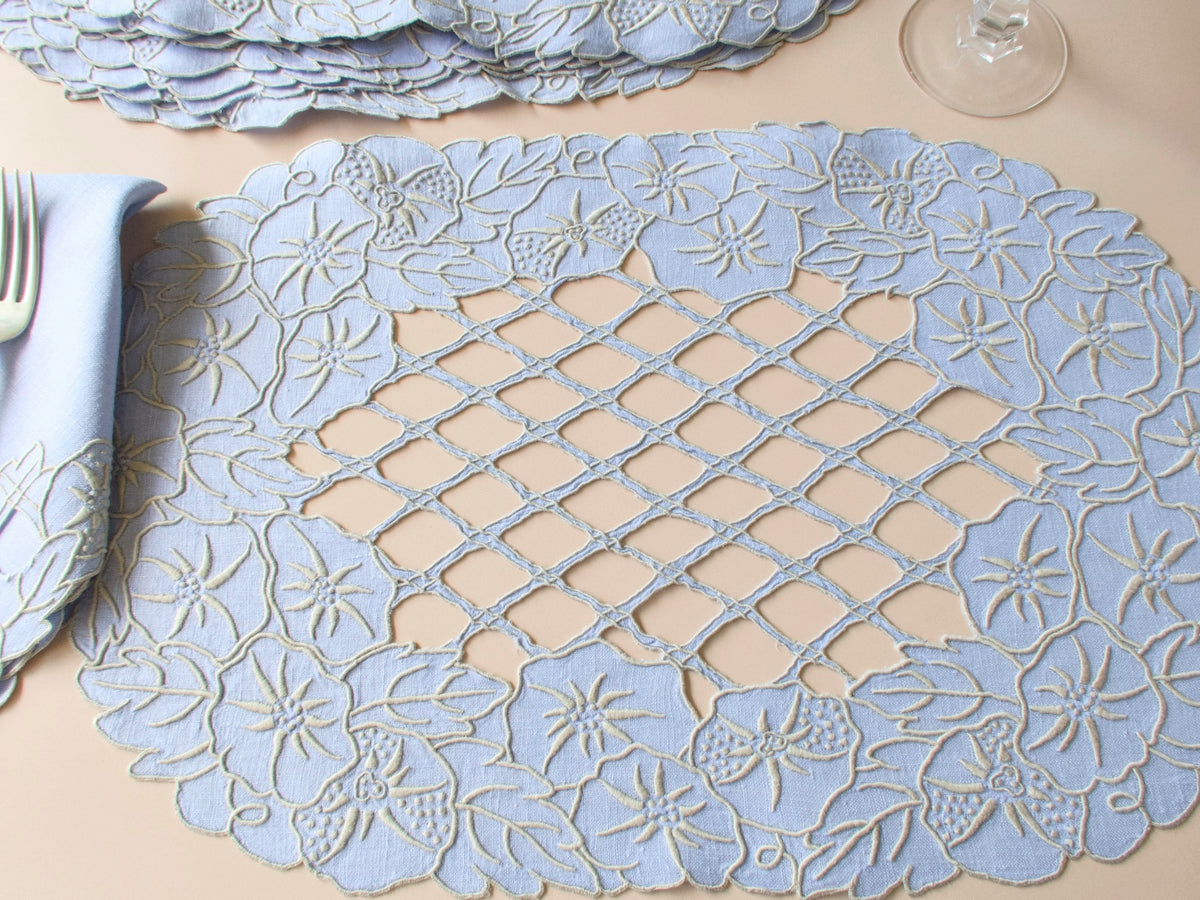 Vintage Madeira blue linen placemat, morning glory embroidery and open lattice work